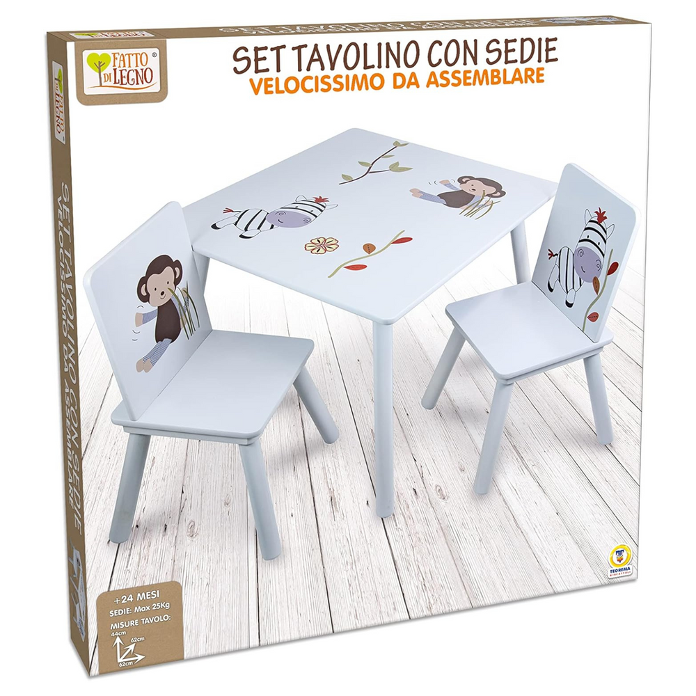 Tavolo con 2 sedie in legno con animali