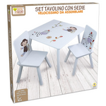 Tavolo con 2 sedie in legno con animali