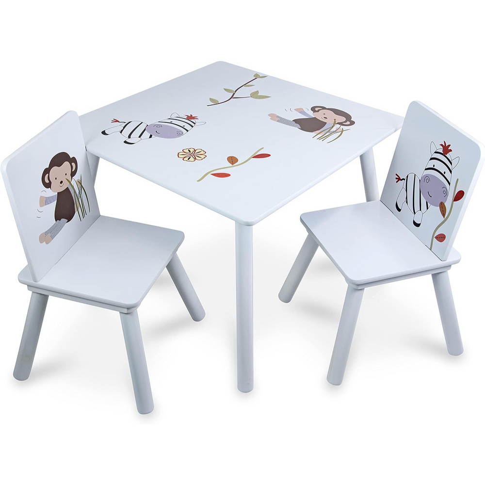 Tavolo con 2 sedie in legno con animali