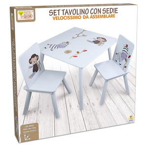 Tavolo con 2 sedie in legno con animali
